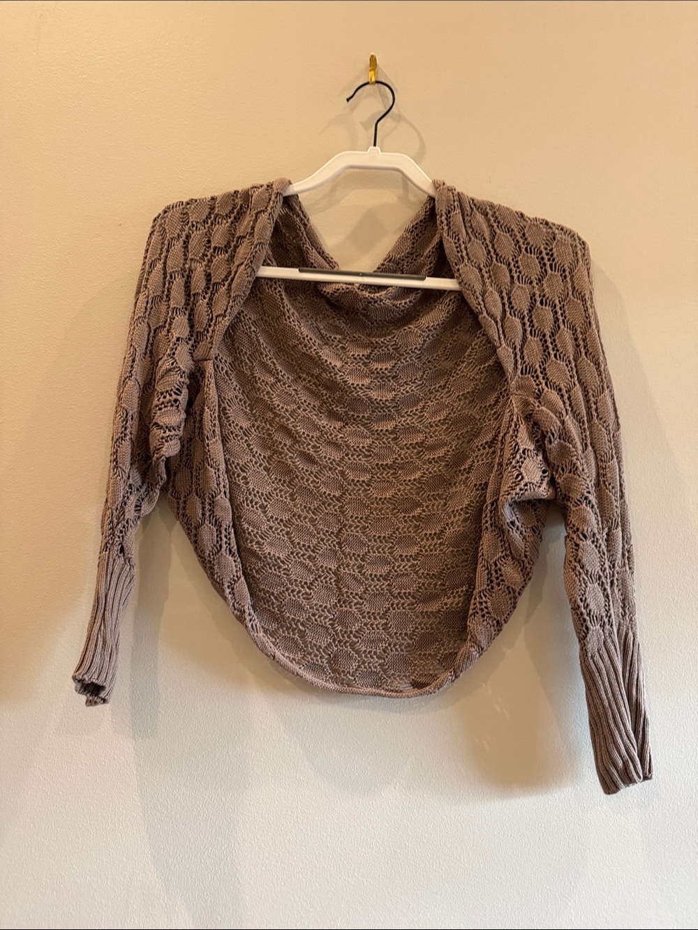 Open-Front Knit Shrug Sweater in Taupe